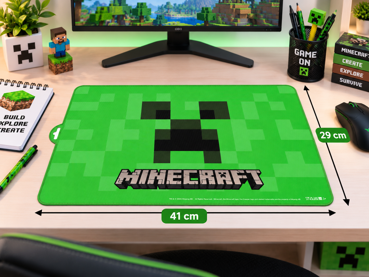 Minecraft Schreibtischunterlage 41x29 cm auf Schreibtisch mit Gaming-Setup Kinder