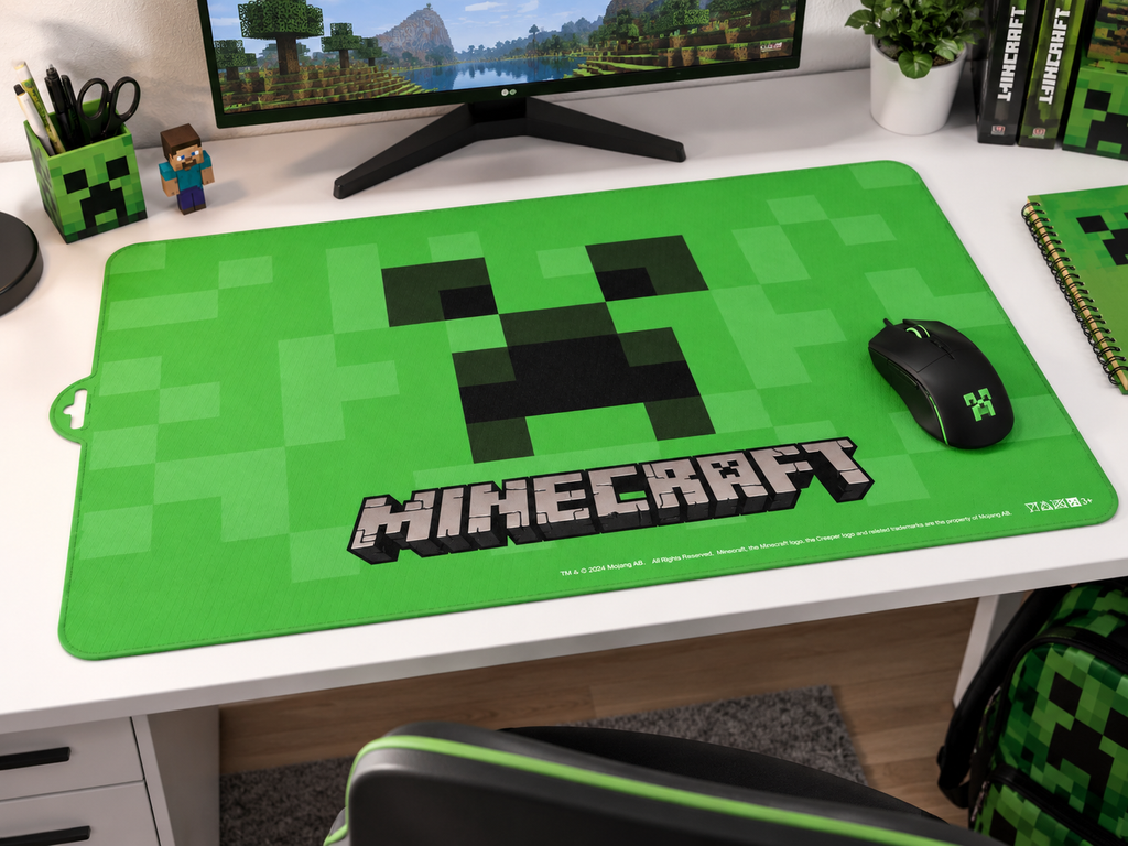 Minecraft Schreibtischunterlage grün Creeper – Gaming Setup mit Maus Kinderzimmer