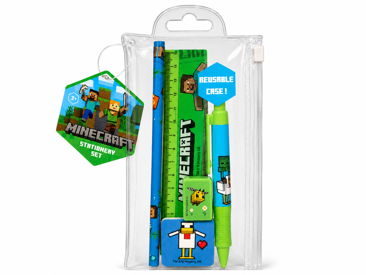 Minecraft 6-teiliges Schulset mit Federmäppchen, Stift und Radiergummi – Schreibwaren für Kinder