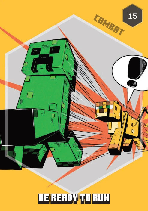 Minecraft Trading Card Nr. 15 – Combat „Be Ready to Run" mit Creeper der einen Spieler verfolgt, gelber Hintergrund