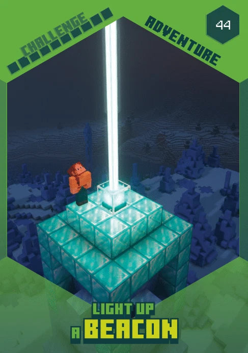 Minecraft Trading Card Nr. 44 – Challenge Adventure „Light up a Beacon" mit Beacon und Spielfigur auf Diamantblöcken