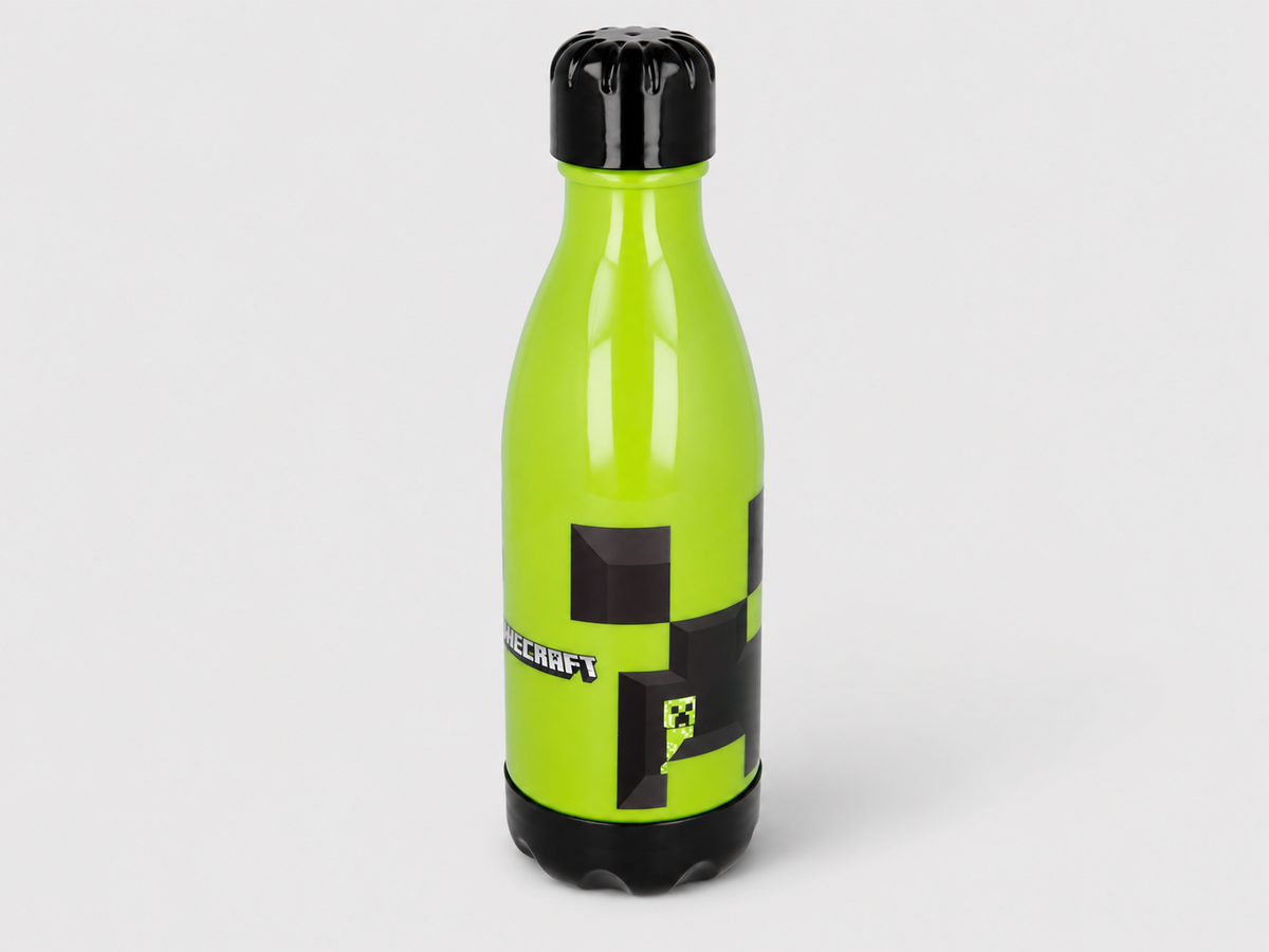 Minecraft Trinkflasche grün mit Creeper-Muster und Minecraft-Schriftzug – Seitenansicht