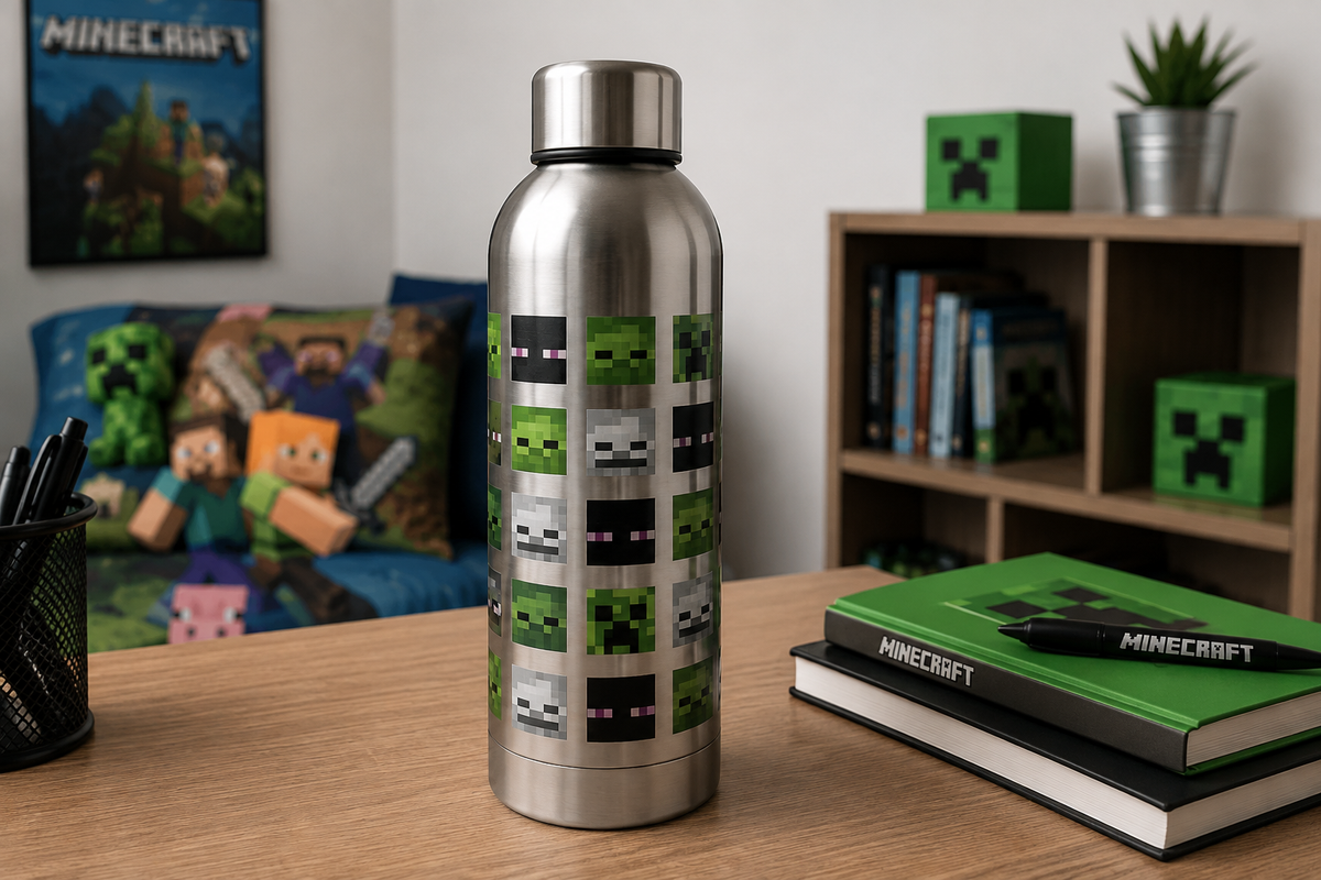 Minecraft Trinkflasche Edelstahl 500ml – Mobs Design auf Schreibtisch Kinder Schule
