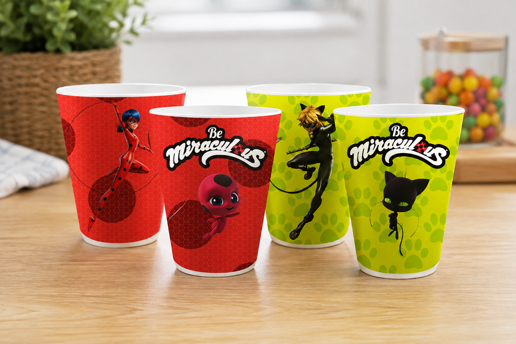 Miraculous Ladybug Trinkbecher 4er-Set 300 ml rot und gelb mit Ladybug Tikki Cat Noir und Plagg Motiv