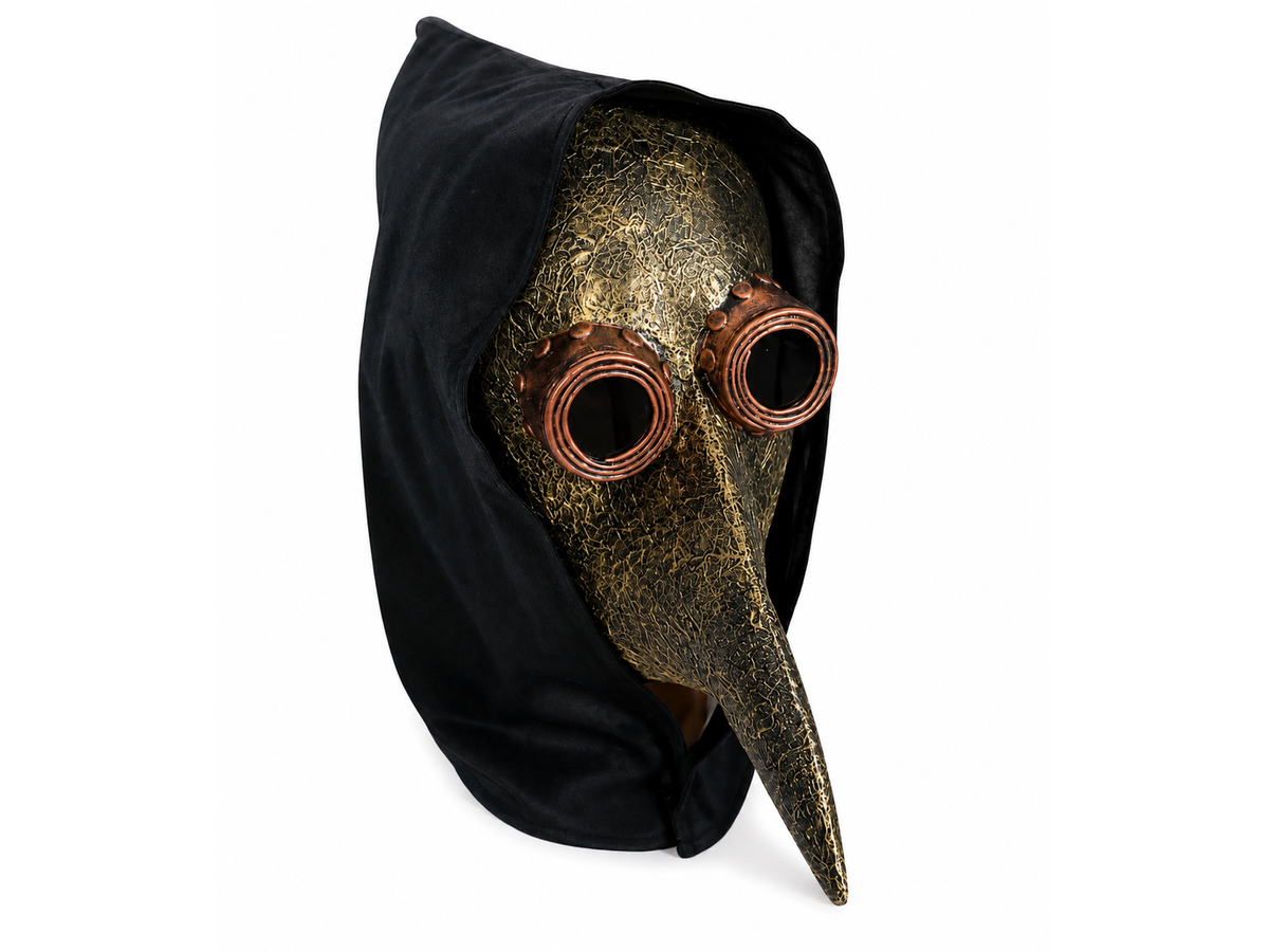 Pestdoktor Maske mit schwarzer Haube – Steampunk Schnabelmaske in Kupfer-Optik mit Goggle-Gläsern für Halloween und Karneval